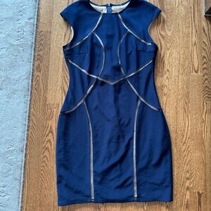 Xscape Designer Navy BodyCon Dress sheer nude accents back zip Cap Sleeves